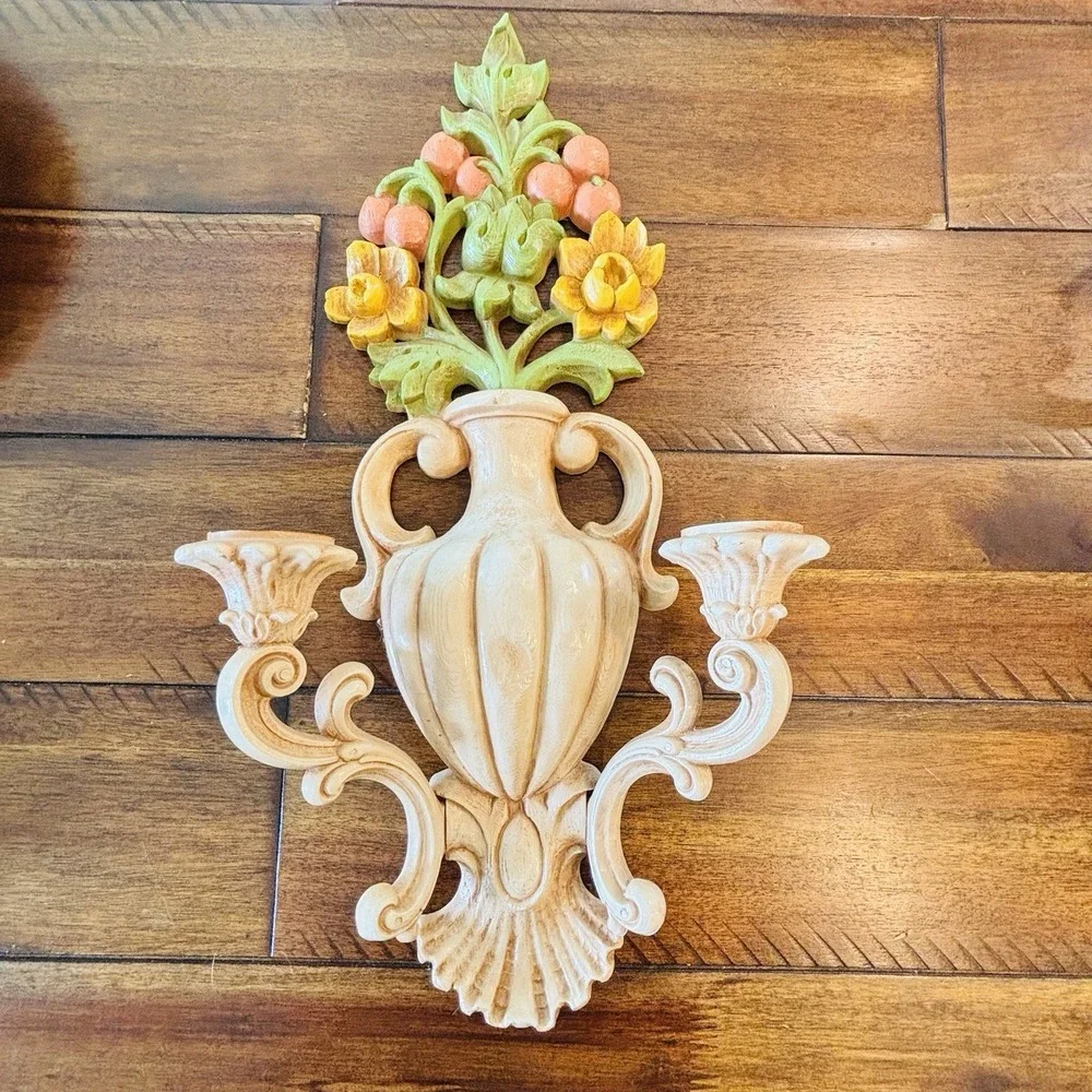 Vintage Homco Burwood Floral Sconce Candle Holders Pair Syroco Style USA‎ 4104